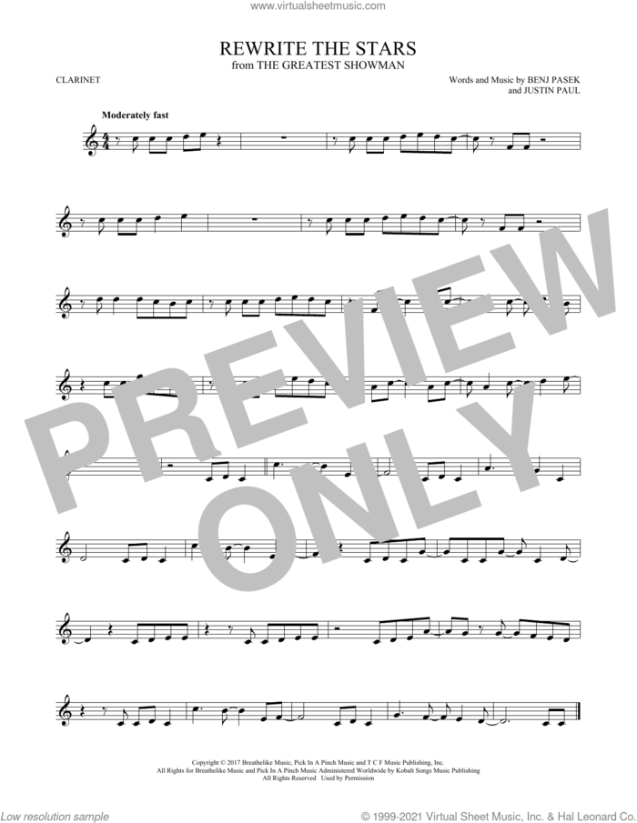 Rewrite The Stars (from The Greatest Showman) sheet music for clarinet solo by Zac Efron & Zendaya, Benj Pasek and Justin Paul, intermediate skill level