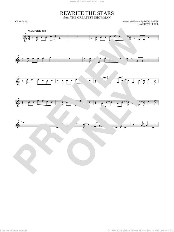 Rewrite The Stars (from The Greatest Showman) sheet music for clarinet solo by Zac Efron & Zendaya, Benj Pasek and Justin Paul, intermediate skill level