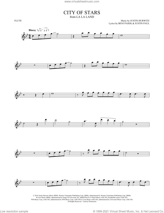 City Of Stars (from La La Land) sheet music for flute solo by Ryan Gosling & Emma Stone, Benj Pasek, Justin Hurwitz and Justin Paul, intermediate skill level