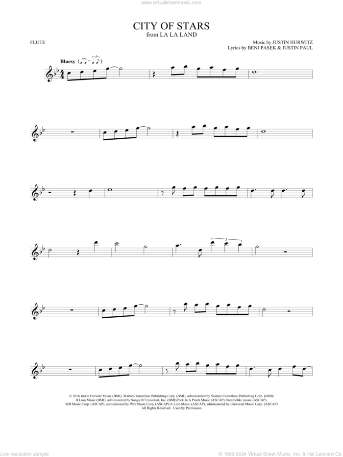 City Of Stars (from La La Land) sheet music for flute solo by Ryan Gosling & Emma Stone, Benj Pasek, Justin Hurwitz and Justin Paul, intermediate skill level