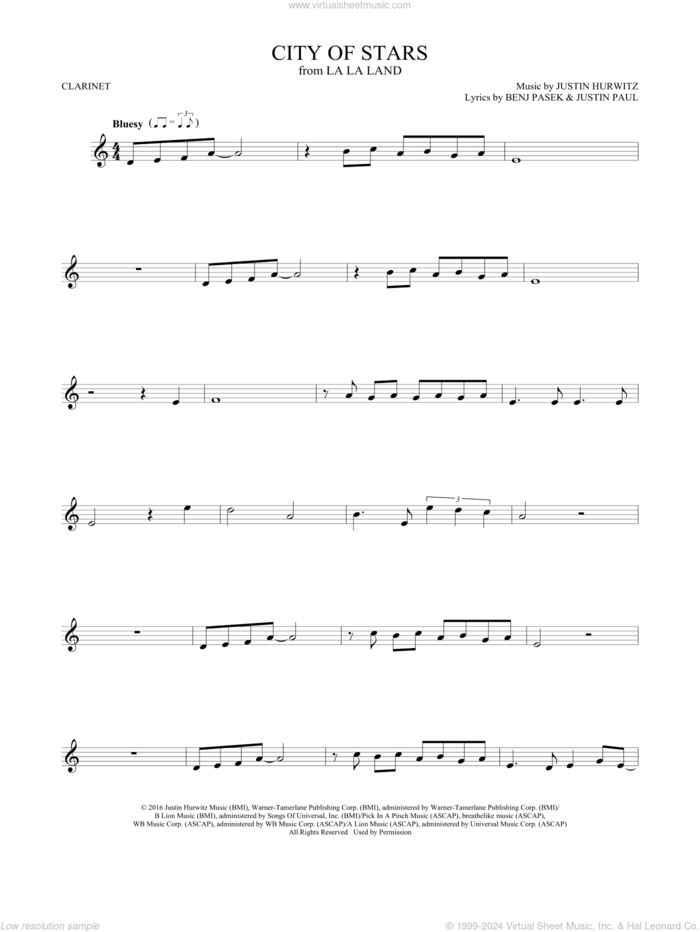 City Of Stars (from La La Land) sheet music for clarinet solo by Ryan Gosling & Emma Stone, Benj Pasek, Justin Hurwitz and Justin Paul, intermediate skill level