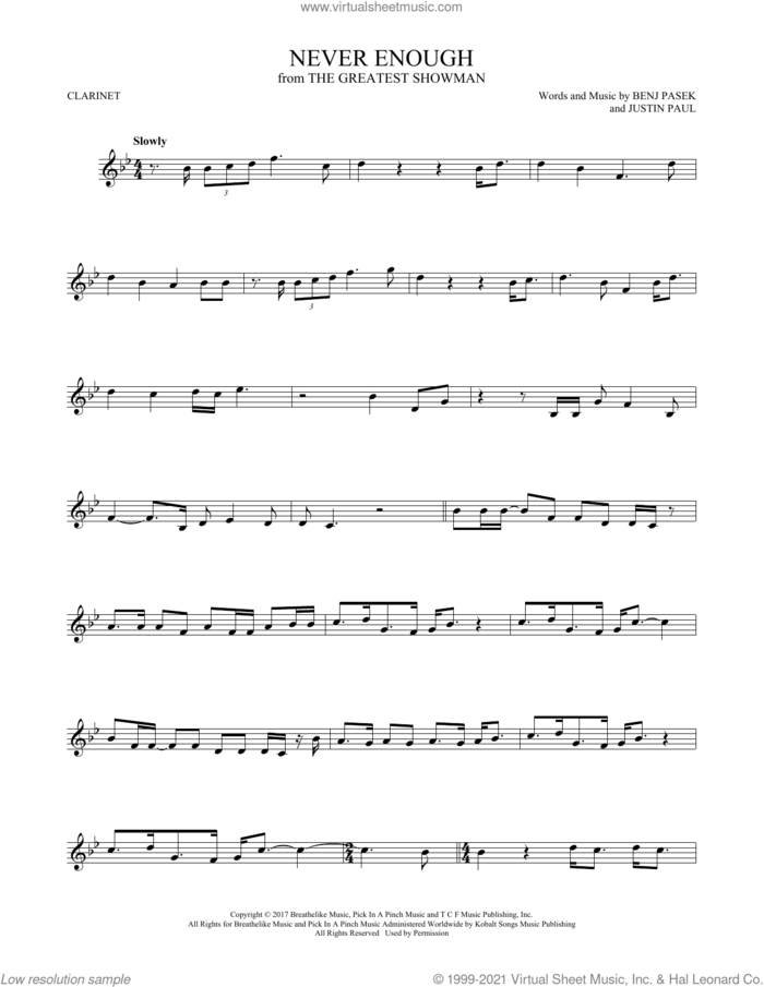Never Enough (from The Greatest Showman) sheet music for clarinet solo by Benj Pasek, Justin Paul and Pasek & Paul, intermediate skill level