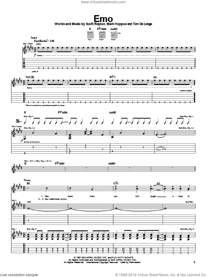 Emo sheet music for guitar (tablature) by Blink-182, Mark Hoppus, Scott Raynor and Tom DeLonge, intermediate skill level