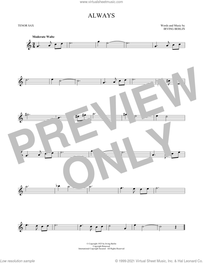 Always sheet music for tenor saxophone solo by Irving Berlin, Billie Holiday, Frank Sinatra and Patsy Cline, intermediate skill level