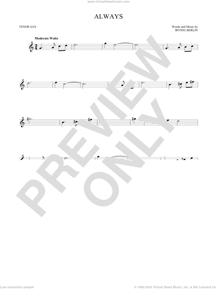 Always sheet music for tenor saxophone solo by Irving Berlin, Billie Holiday, Frank Sinatra and Patsy Cline, intermediate skill level