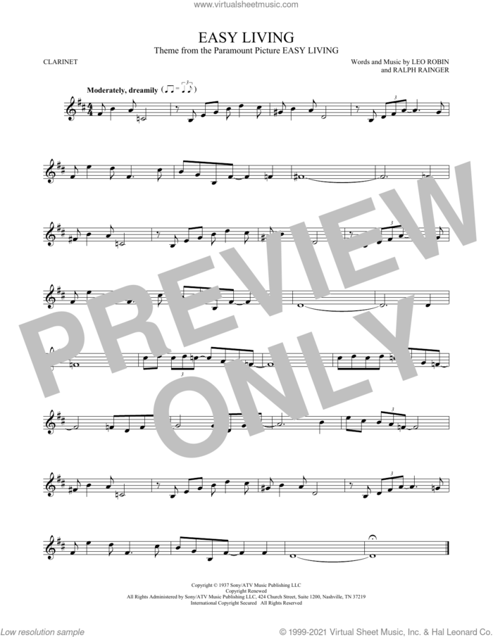 Easy Living sheet music for clarinet solo by Billie Holiday, Leo Robin and Ralph Rainger, intermediate skill level