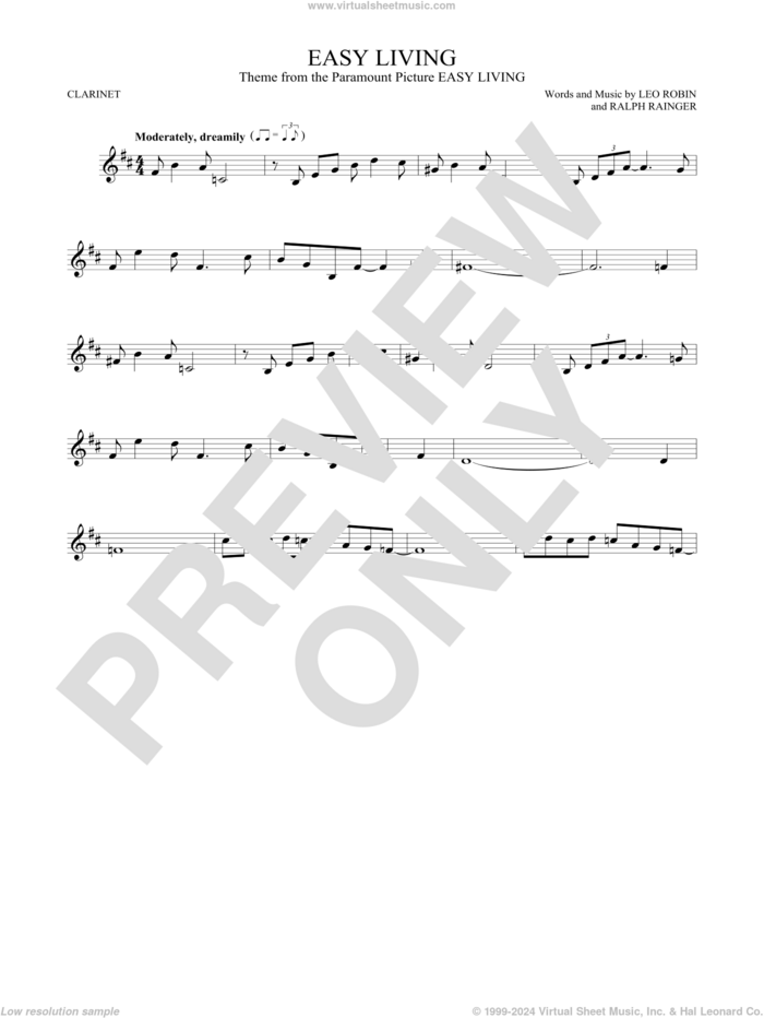 Easy Living sheet music for clarinet solo by Billie Holiday, Leo Robin and Ralph Rainger, intermediate skill level