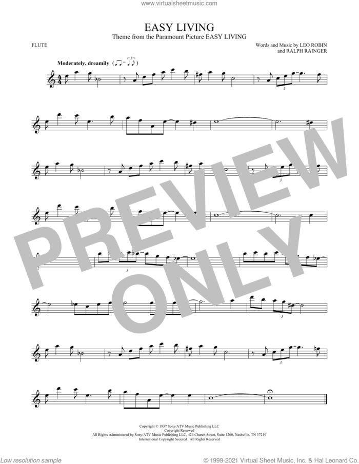 Easy Living sheet music for flute solo by Billie Holiday, Leo Robin and Ralph Rainger, intermediate skill level