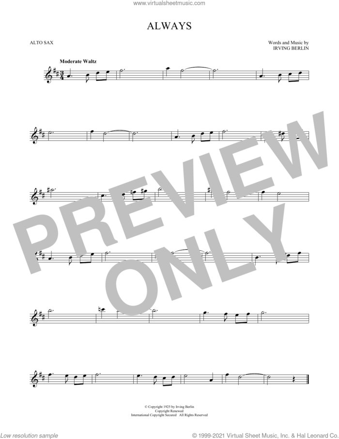 Always sheet music for alto saxophone solo by Irving Berlin, Billie Holiday, Frank Sinatra and Patsy Cline, intermediate skill level