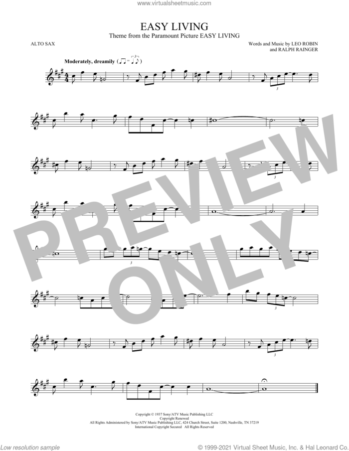 Easy Living sheet music for alto saxophone solo by Billie Holiday, Leo Robin and Ralph Rainger, intermediate skill level