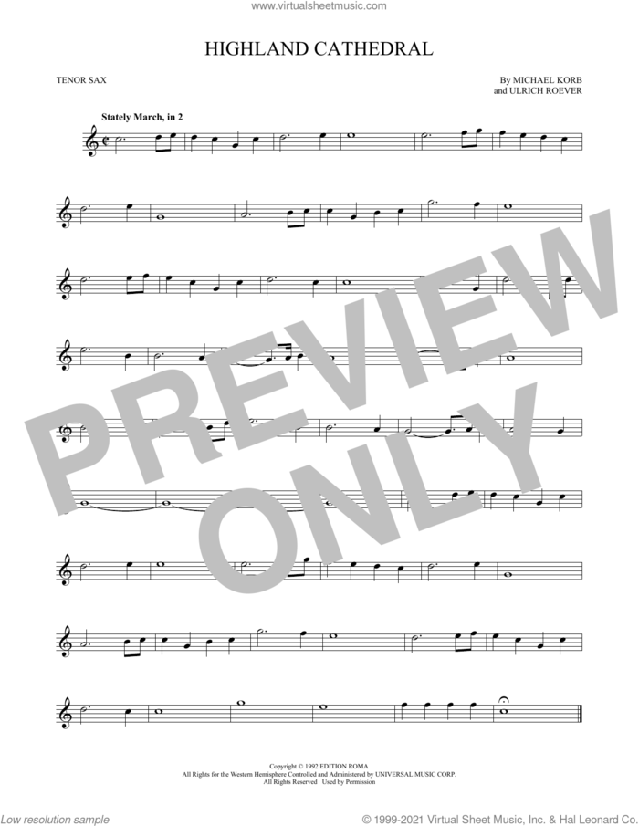 Highland Cathedral sheet music for tenor saxophone solo by Michael Korb and Ulrich Roever, wedding score, intermediate skill level