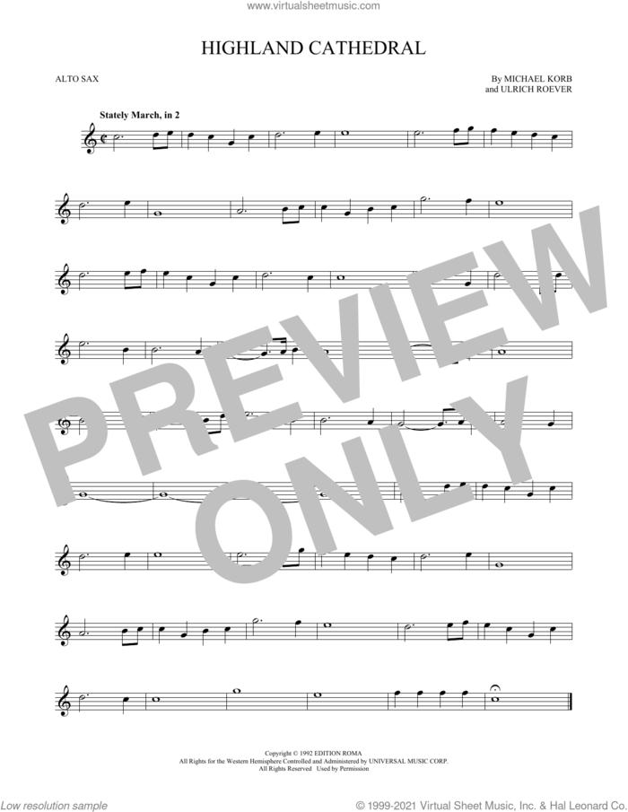 Highland Cathedral sheet music for alto saxophone solo by Michael Korb and Ulrich Roever, wedding score, intermediate skill level