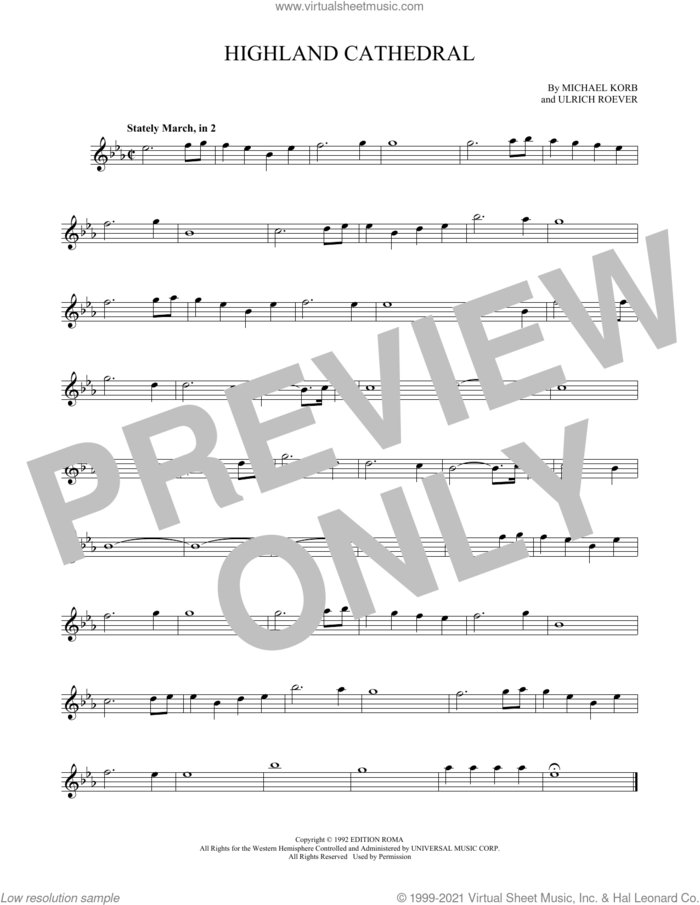 Highland Cathedral sheet music for flute solo by Michael Korb and Ulrich Roever, wedding score, intermediate skill level