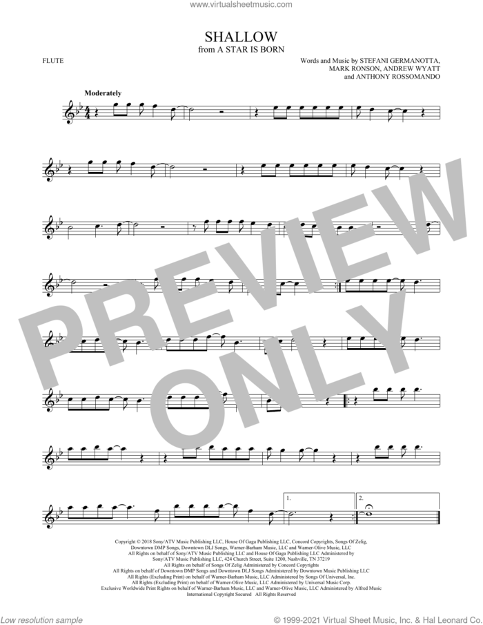Shallow (from A Star Is Born) sheet music for flute solo by Lady Gaga, Andrew Wyatt, Anthony Rossomando and Mark Ronson, intermediate skill level