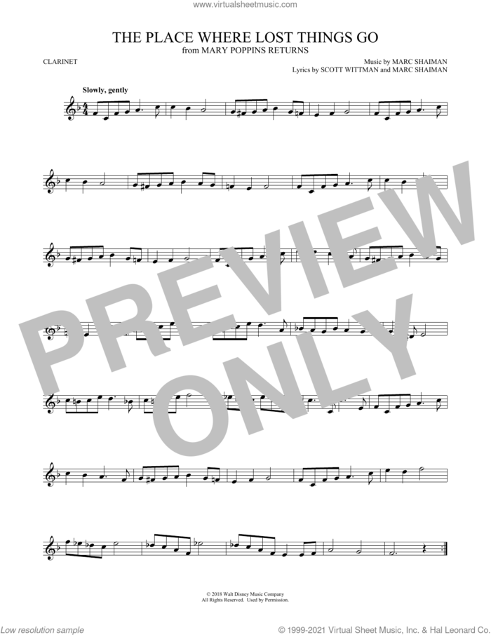 The Place Where Lost Things Go (from Mary Poppins Returns) sheet music for clarinet solo by Emily Blunt, Marc Shaiman and Scott Wittman, intermediate skill level