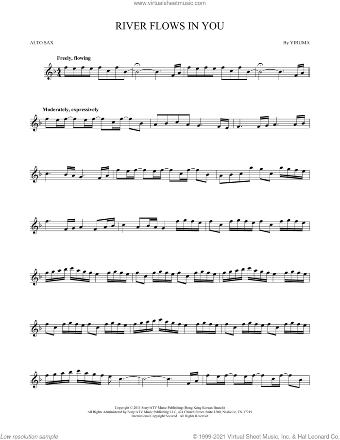 River Flows In You sheet music for alto saxophone solo by Yiruma, intermediate skill level