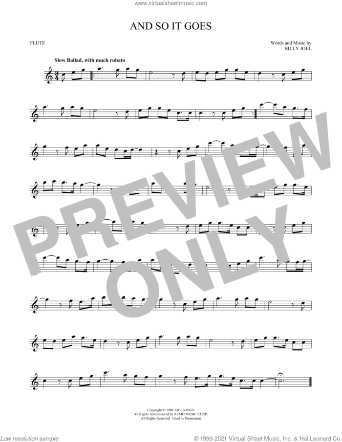 And So It Goes sheet music for flute solo by Billy Joel, intermediate skill level