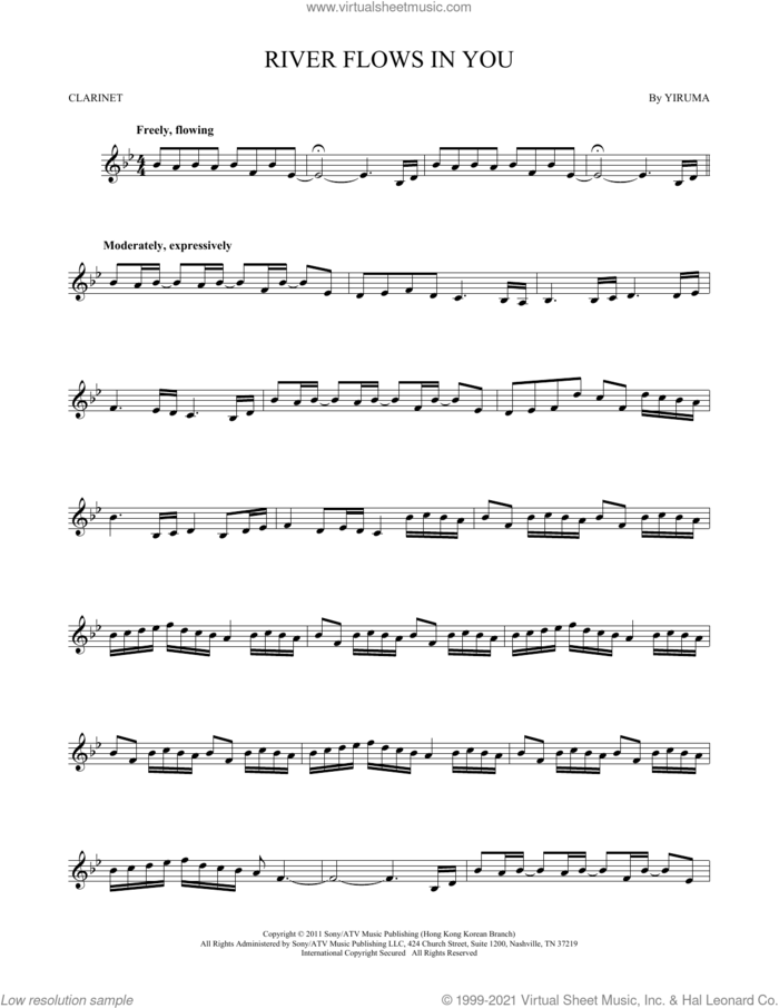 River Flows In You sheet music for clarinet solo by Yiruma, intermediate skill level