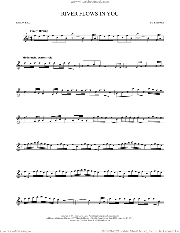 River Flows In You sheet music for tenor saxophone solo by Yiruma, intermediate skill level