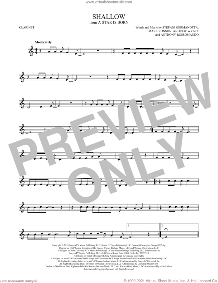 Shallow (from A Star Is Born) sheet music for clarinet solo by Lady Gaga, Andrew Wyatt, Anthony Rossomando and Mark Ronson, intermediate skill level