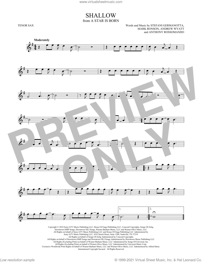 Shallow (from A Star Is Born) sheet music for tenor saxophone solo by Lady Gaga, Andrew Wyatt, Anthony Rossomando and Mark Ronson, intermediate skill level
