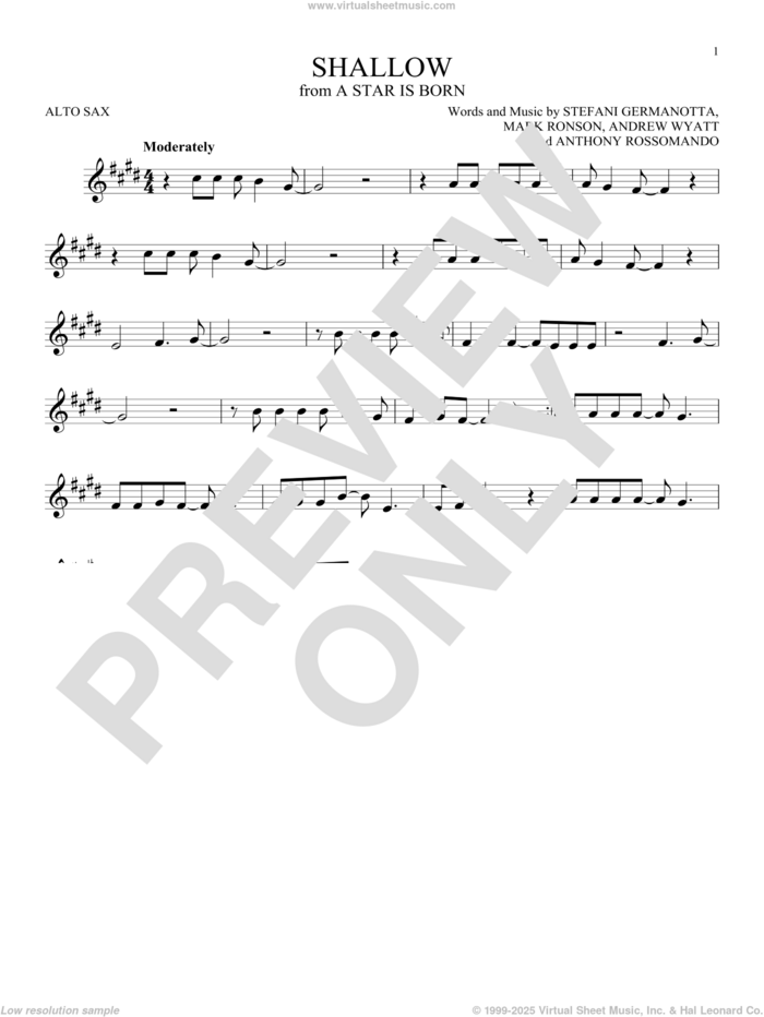 Shallow (from A Star Is Born) sheet music for alto saxophone solo by Lady Gaga, Andrew Wyatt, Anthony Rossomando and Mark Ronson, intermediate skill level
