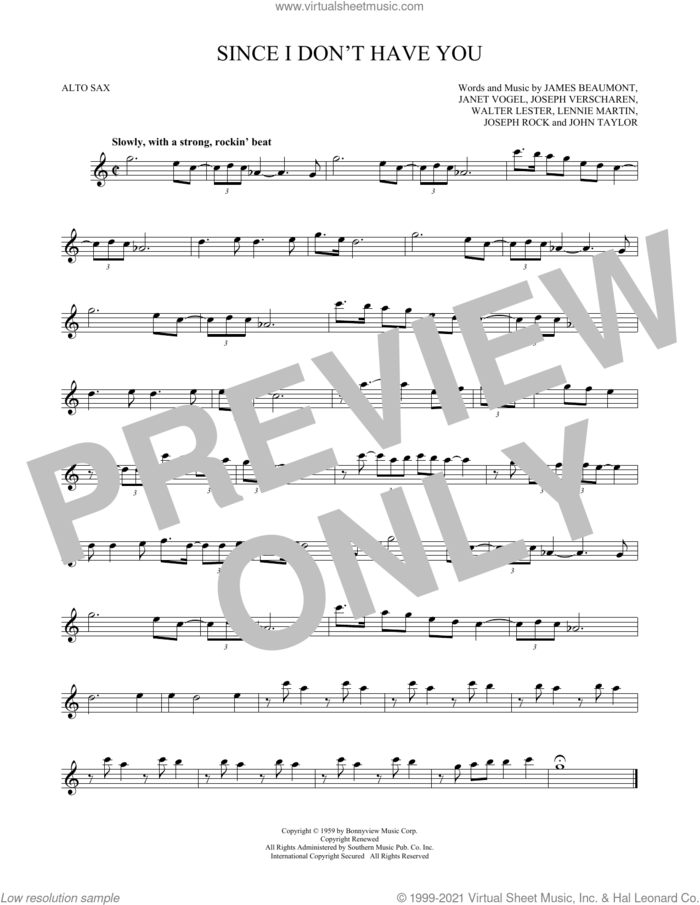 Since I Don't Have You sheet music for alto saxophone solo by The Skyliners, James Beaumont, Janet Vogel, John Taylor, Joseph Rock, Joseph Verscharen, Lennie Martin and Walter Lester, intermediate skill level
