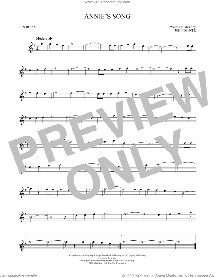 Annie's Song sheet music for tenor saxophone solo by John Denver, intermediate skill level
