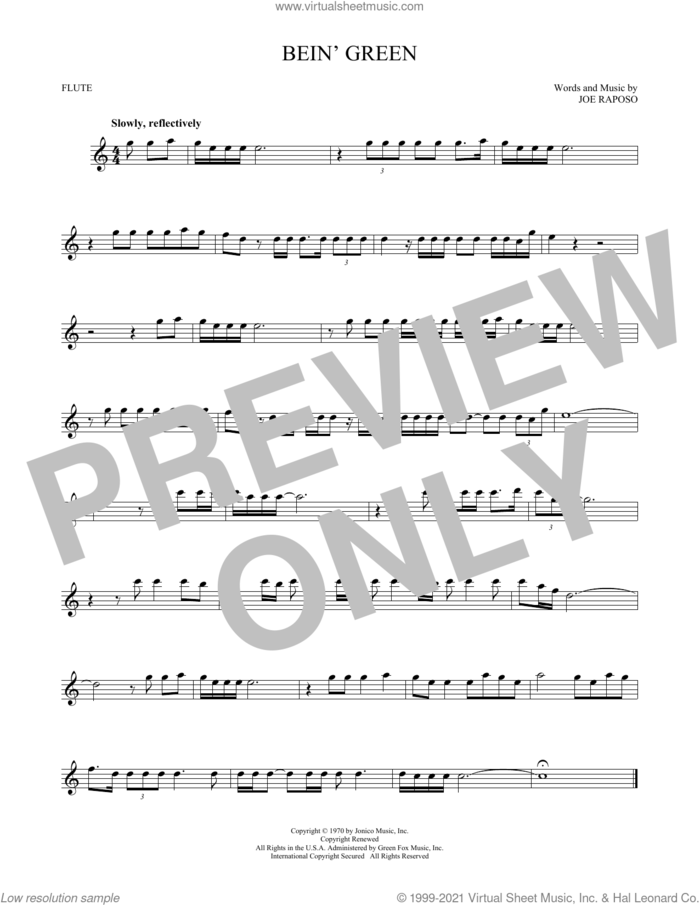 Bein' Green sheet music for flute solo by Kermit The Frog, Frank Sinatra and Joe Raposo, intermediate skill level