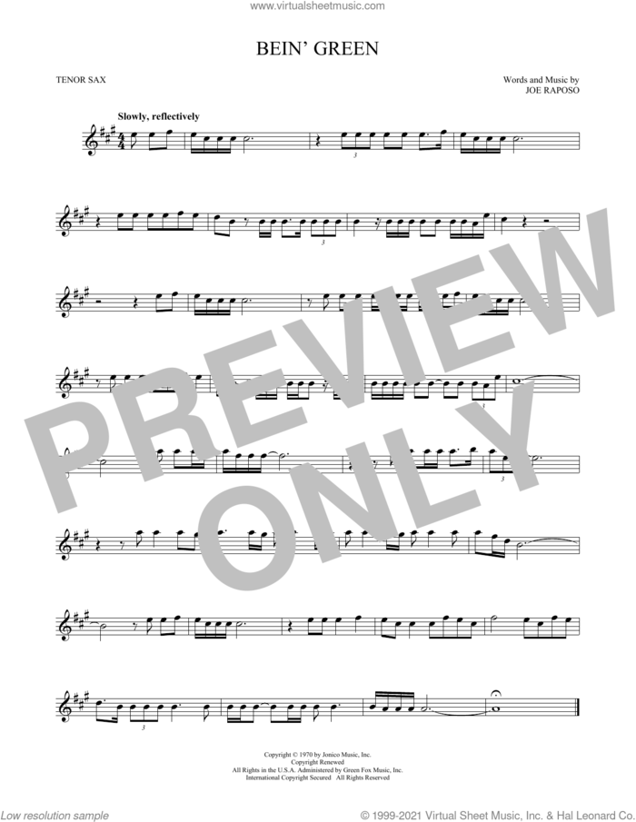 Bein' Green sheet music for tenor saxophone solo by Kermit The Frog, Frank Sinatra and Joe Raposo, intermediate skill level