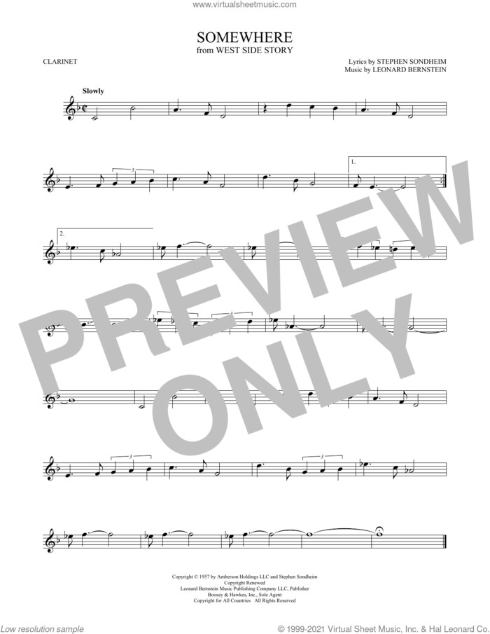 Somewhere (from West Side Story) sheet music for clarinet solo by Stephen Sondheim and Leonard Bernstein, intermediate skill level