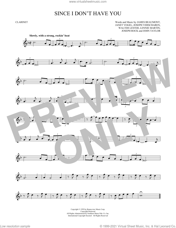 Since I Don't Have You sheet music for clarinet solo by The Skyliners, James Beaumont, Janet Vogel, John Taylor, Joseph Rock, Joseph Verscharen, Lennie Martin and Walter Lester, intermediate skill level