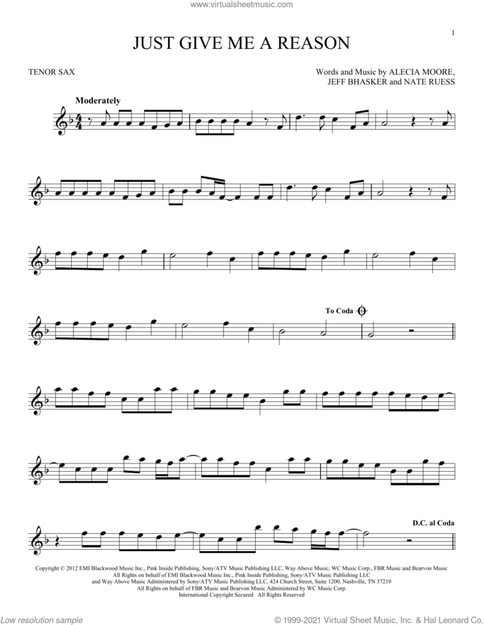 Just Give Me A Reason (feat. Nate Ruess) sheet music for tenor saxophone solo by P!nk, Alecia Moore, Jeff Bhasker and Nate Ruess, intermediate skill level