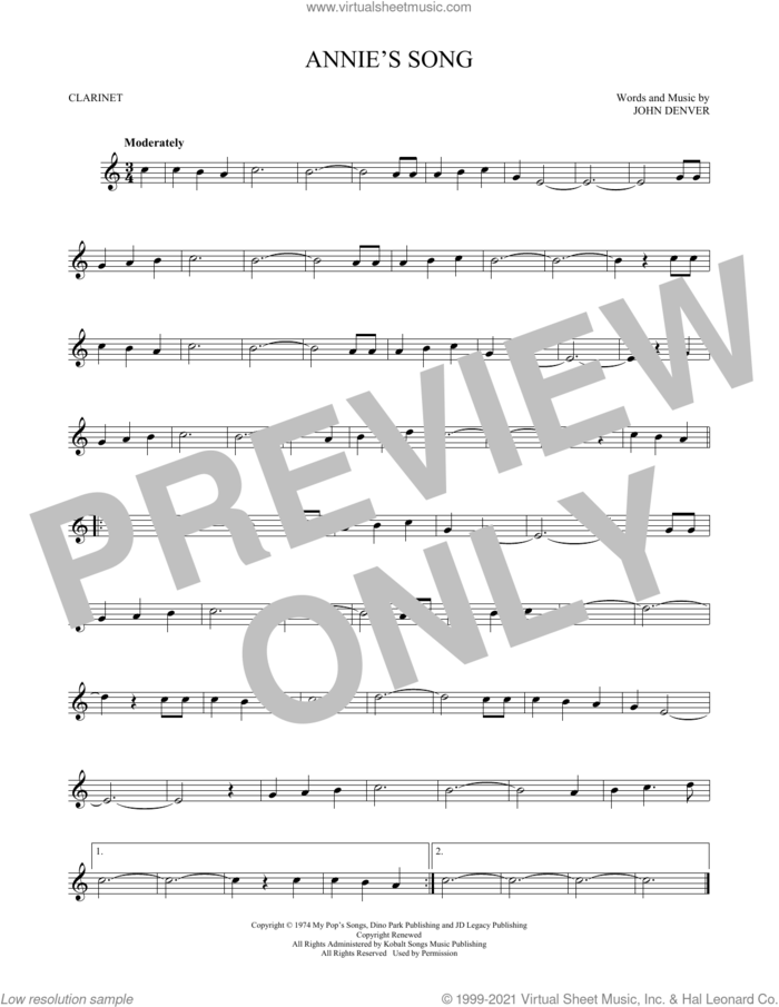 Annie's Song sheet music for clarinet solo by John Denver, intermediate skill level