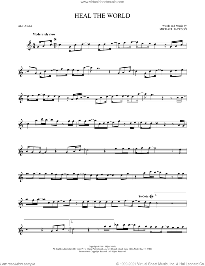 Heal The World sheet music for alto saxophone solo by Michael Jackson, intermediate skill level