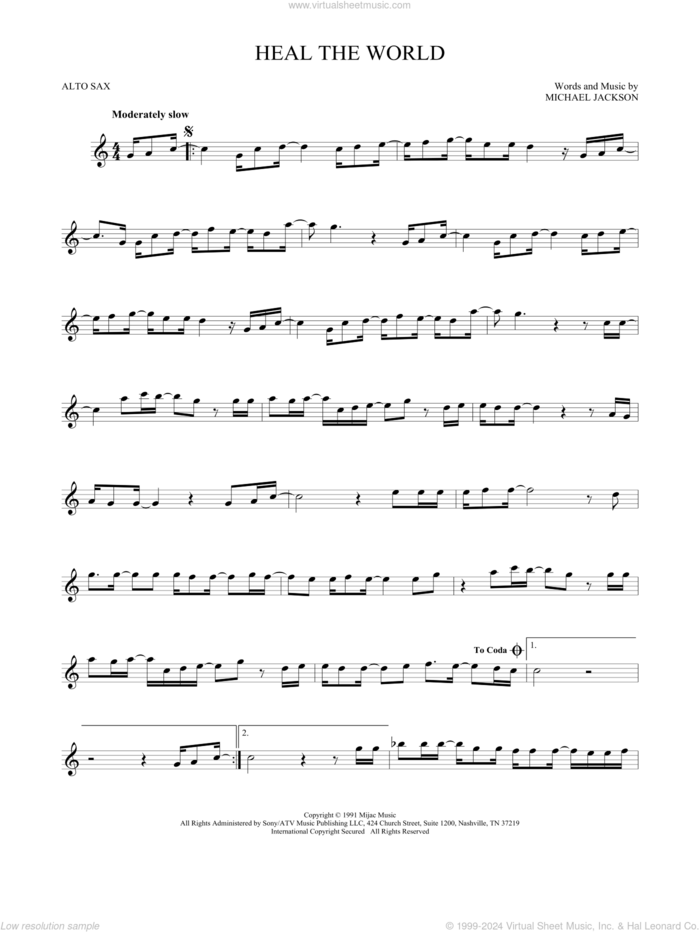 Heal The World sheet music for alto saxophone solo by Michael Jackson, intermediate skill level