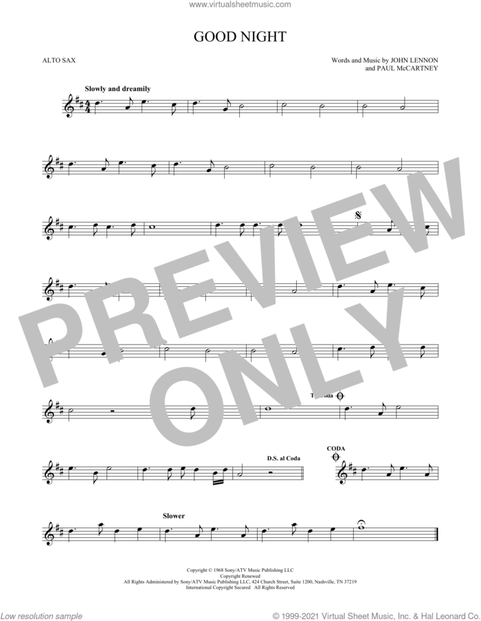 Good Night sheet music for alto saxophone solo by The Beatles, John Lennon and Paul McCartney, intermediate skill level