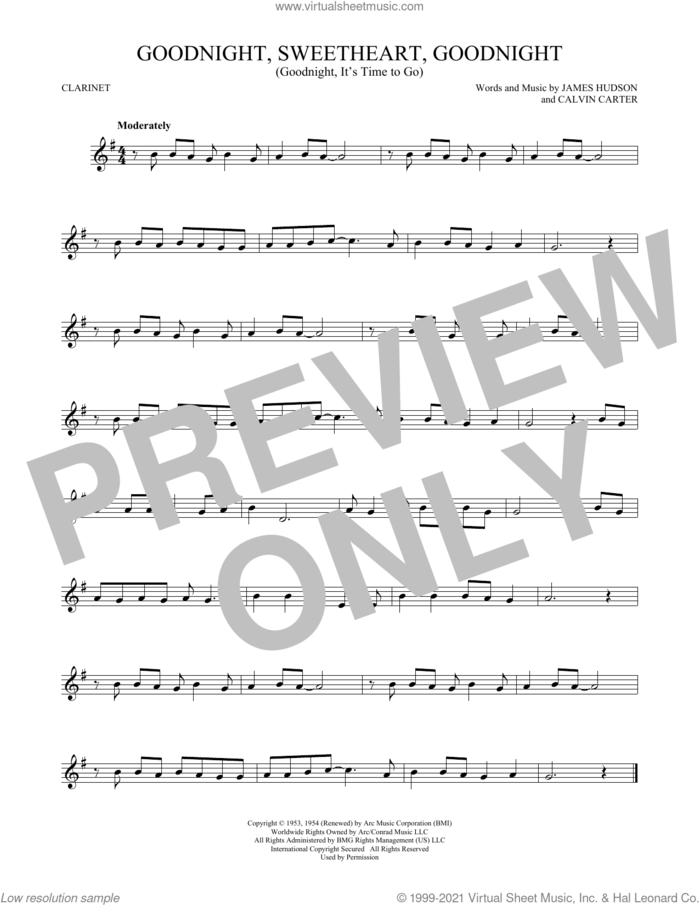 Goodnight, Sweetheart, Goodnight (Goodnight, It's Time To Go) sheet music for clarinet solo by James Hudson, Chuck Berry, McGuire Sisters, Tokens, Calvin Carter and James Hudson & Calvin Carter, intermediate skill level