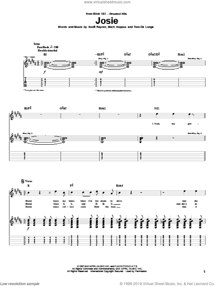 Josie sheet music for guitar (tablature) by Blink-182, Mark Hoppus, Scott Raynor and Tom DeLonge, intermediate skill level