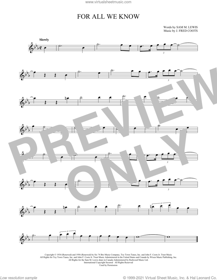 For All We Know sheet music for flute solo by J. Fred Coots and Sam Lewis, intermediate skill level
