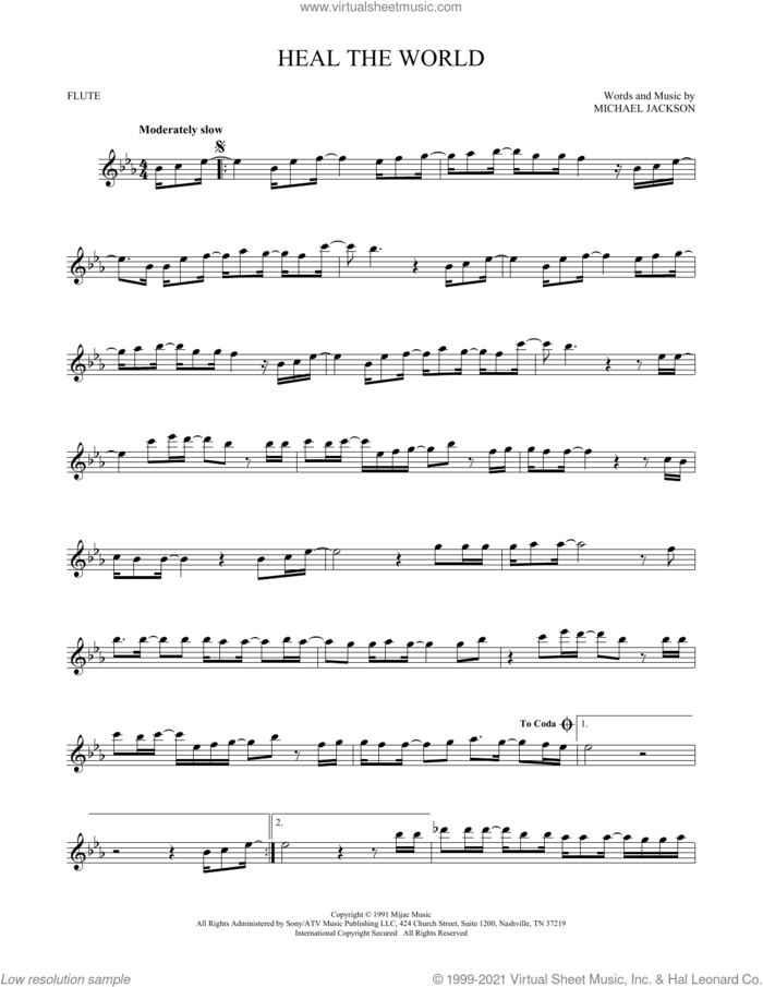 Heal The World sheet music for flute solo by Michael Jackson, intermediate skill level