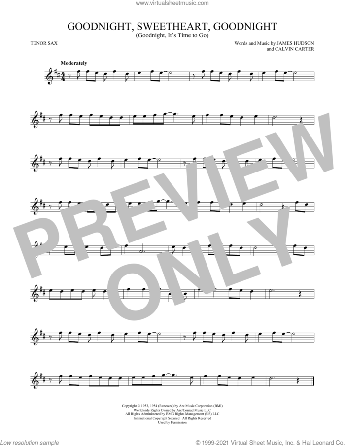 Goodnight, Sweetheart, Goodnight (Goodnight, It's Time To Go) sheet music for tenor saxophone solo by James Hudson, Chuck Berry, McGuire Sisters, Tokens, Calvin Carter and James Hudson & Calvin Carter, intermediate skill level