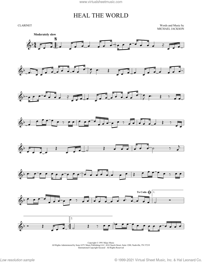 Heal The World sheet music for clarinet solo by Michael Jackson, intermediate skill level