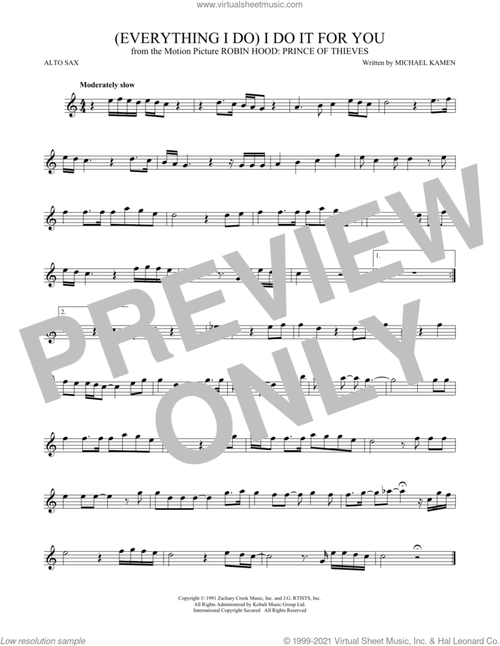 (Everything I Do) I Do It For You sheet music for alto saxophone solo by Bryan Adams, Michael Kamen and Robert John Lange, intermediate skill level