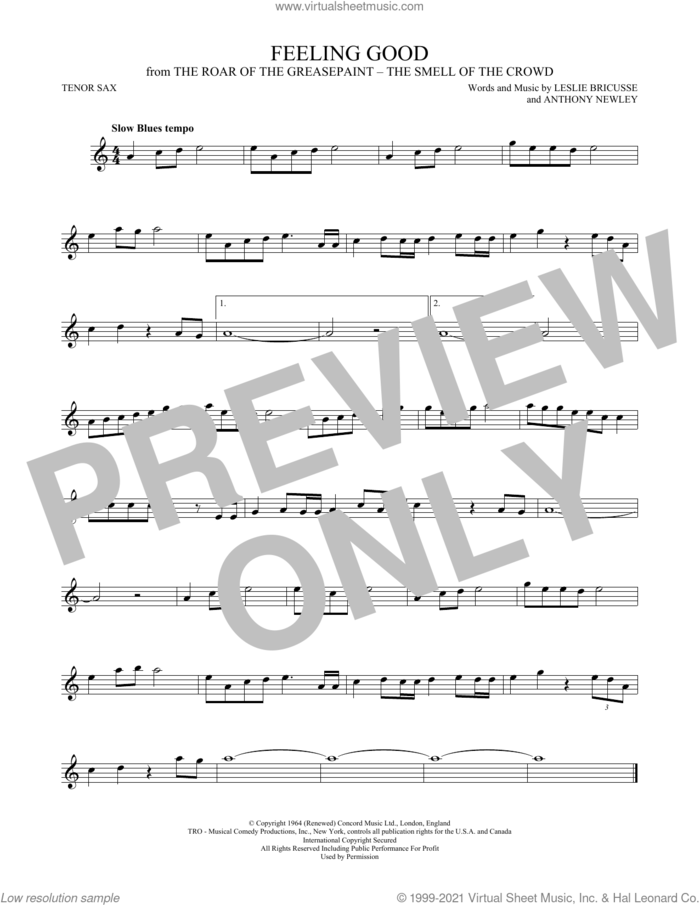 Feeling Good sheet music for tenor saxophone solo by Nina Simone, Anthony Newley and Leslie Bricusse, intermediate skill level
