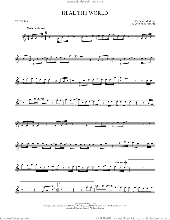 Heal The World sheet music for tenor saxophone solo by Michael Jackson, intermediate skill level