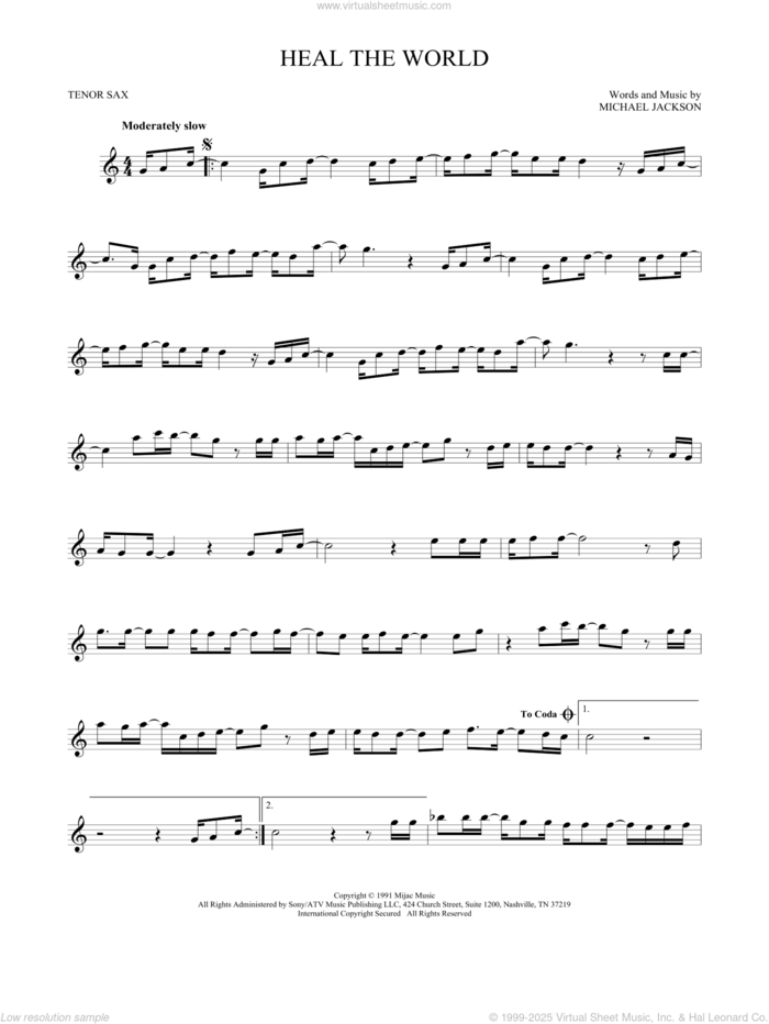 Heal The World sheet music for tenor saxophone solo by Michael Jackson, intermediate skill level