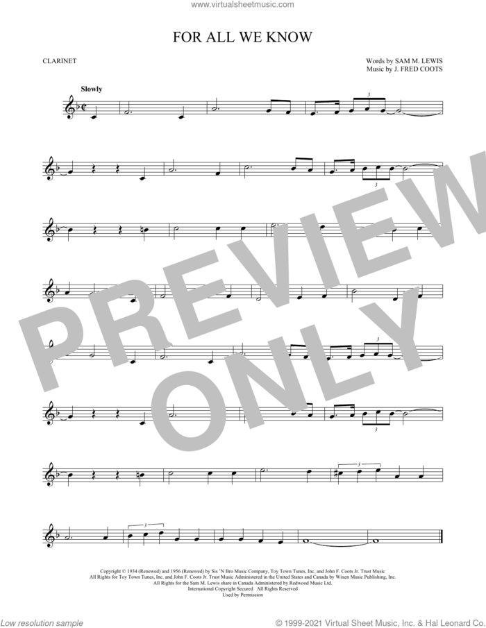 For All We Know sheet music for clarinet solo by J. Fred Coots and Sam Lewis, intermediate skill level