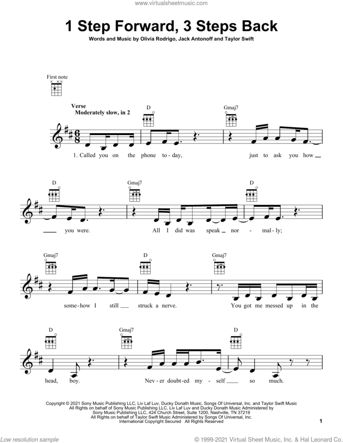 1 step forward, 3 steps back sheet music for ukulele by Olivia Rodrigo, Jack Antonoff and Taylor Swift, intermediate skill level