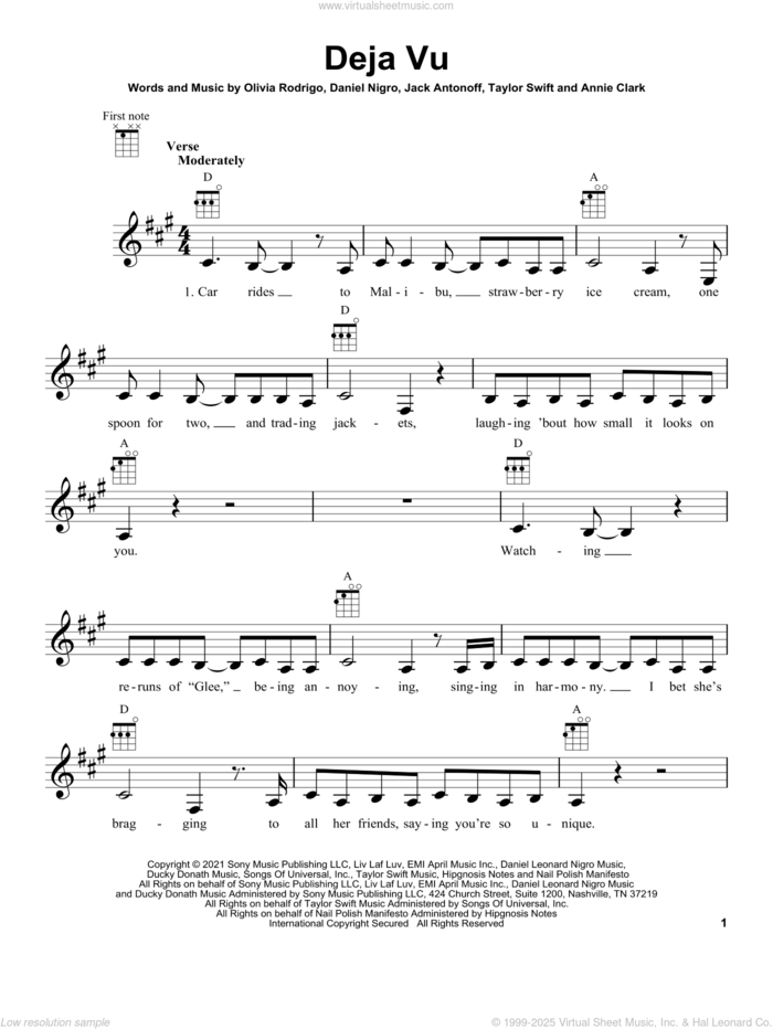 deja vu sheet music for ukulele by Olivia Rodrigo and Daniel Nigro, intermediate skill level